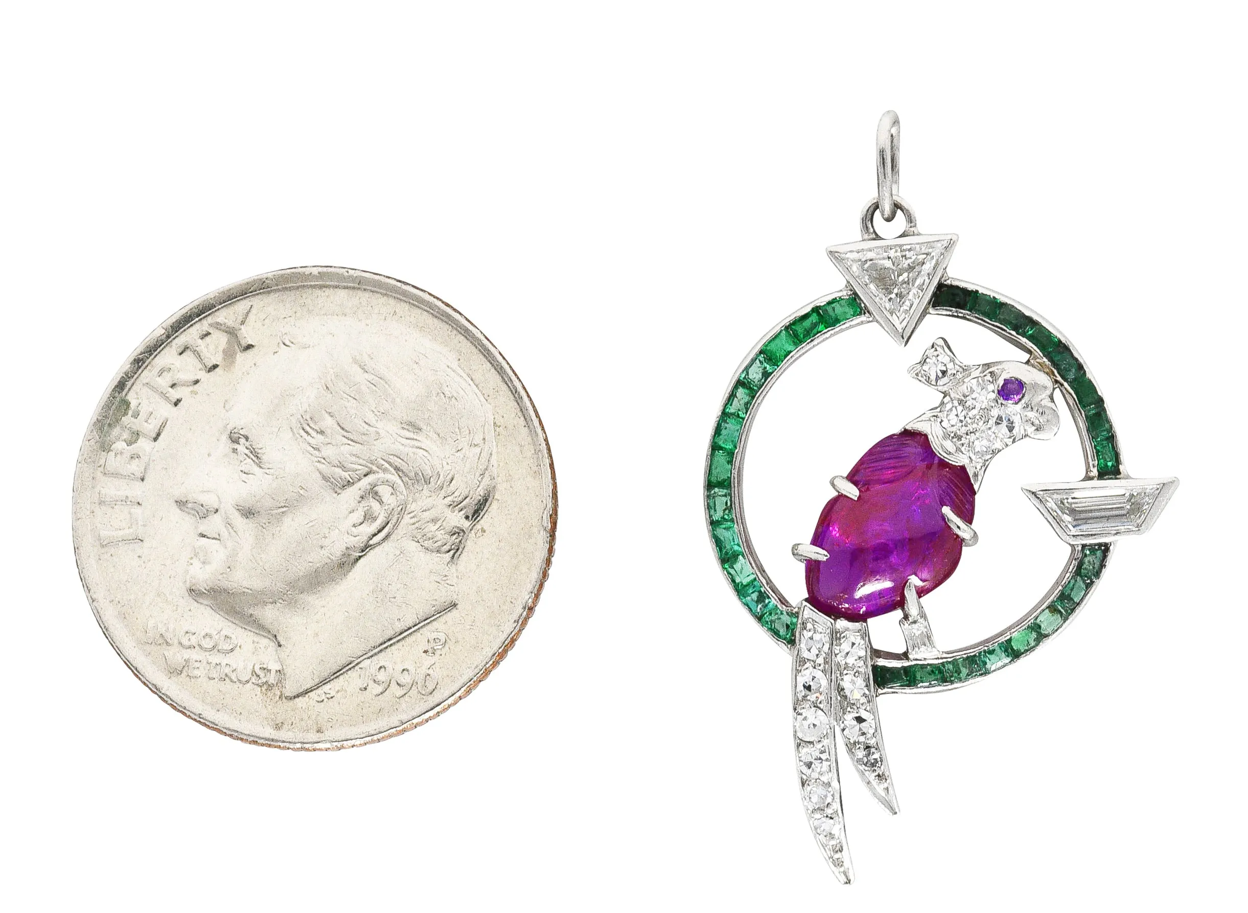 Art Deco Emerald Diamond Mughal Ruby Platinum Cockatiel Bird Charm