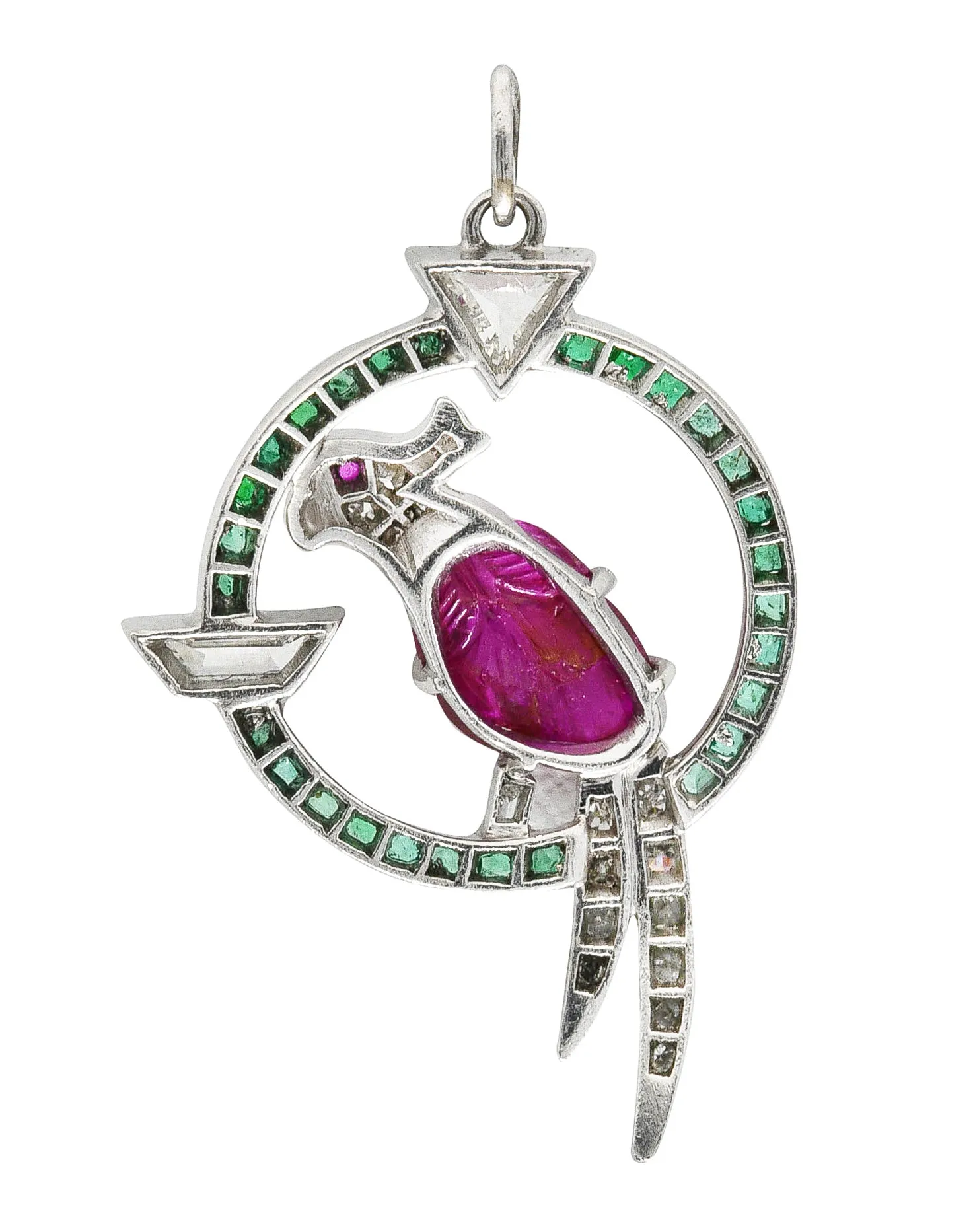 Art Deco Emerald Diamond Mughal Ruby Platinum Cockatiel Bird Charm