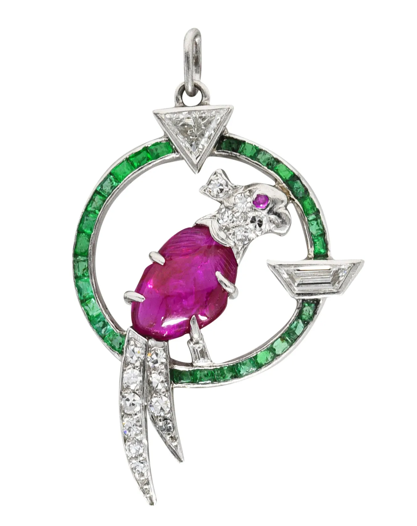 Art Deco Emerald Diamond Mughal Ruby Platinum Cockatiel Bird Charm