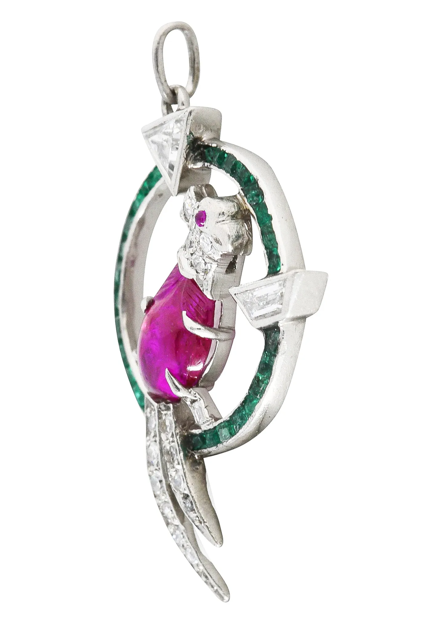 Art Deco Emerald Diamond Mughal Ruby Platinum Cockatiel Bird Charm