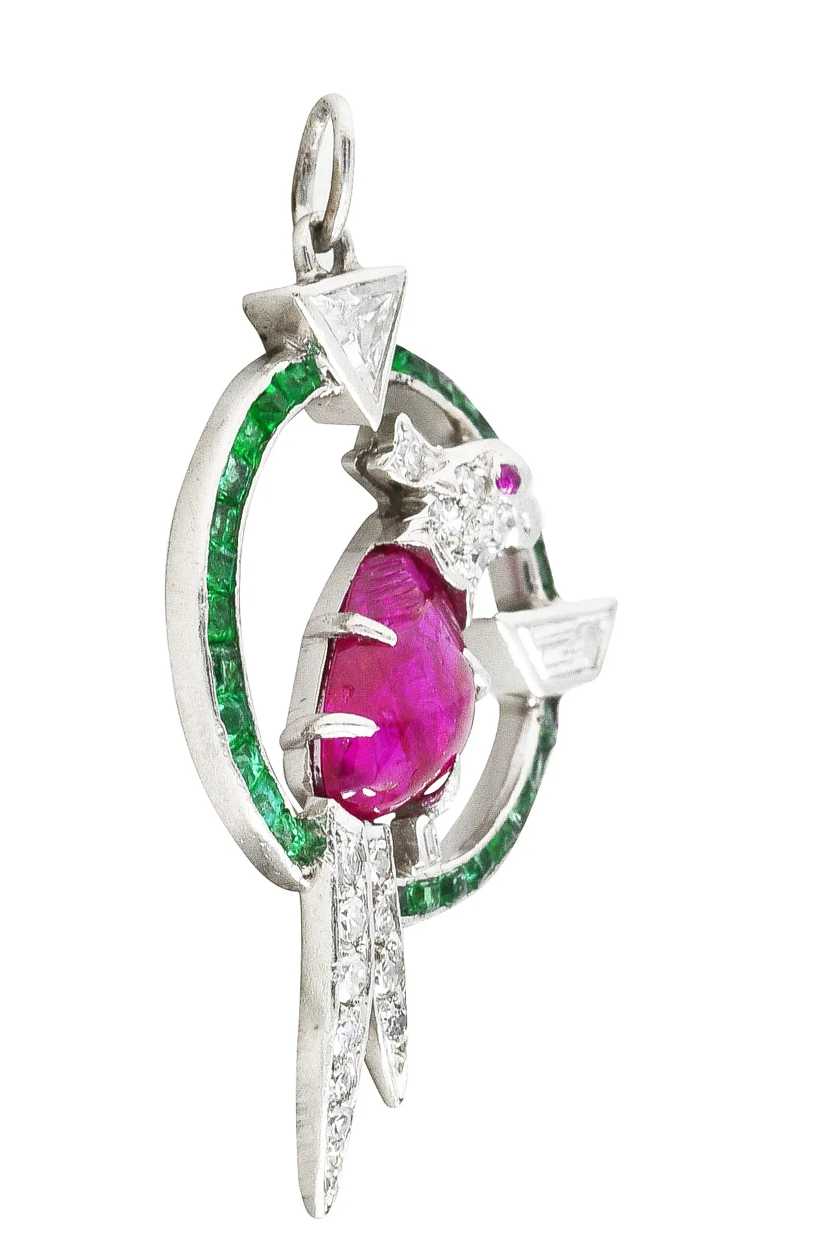 Art Deco Emerald Diamond Mughal Ruby Platinum Cockatiel Bird Charm