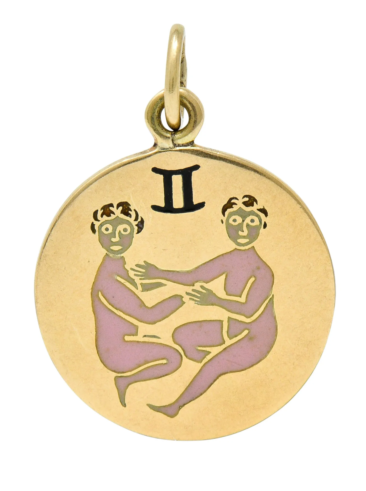 Art Deco Enamel 14 Karat Gold Gemini Zodiac Charm