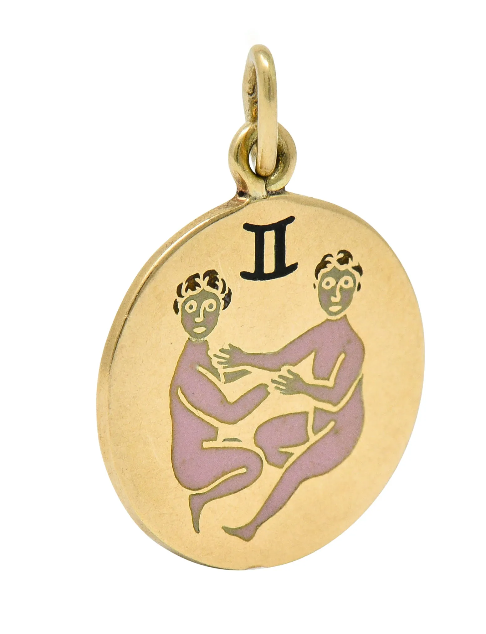 Art Deco Enamel 14 Karat Gold Gemini Zodiac Charm
