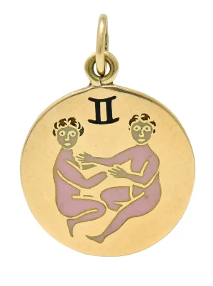 Art Deco Enamel 14 Karat Gold Gemini Zodiac Charm