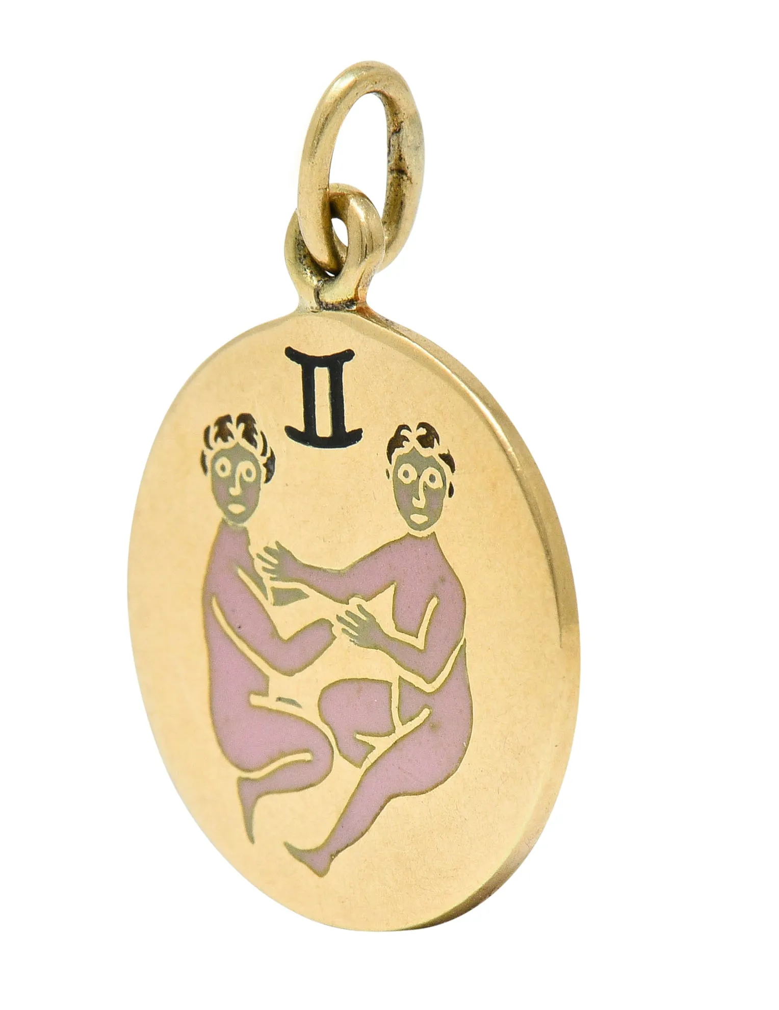 Art Deco Enamel 14 Karat Gold Gemini Zodiac Charm