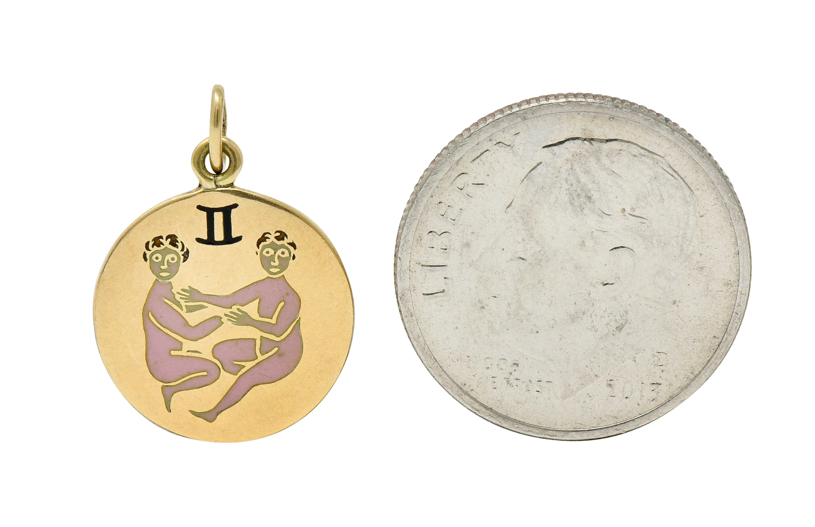 Art Deco Enamel 14 Karat Gold Gemini Zodiac Charm