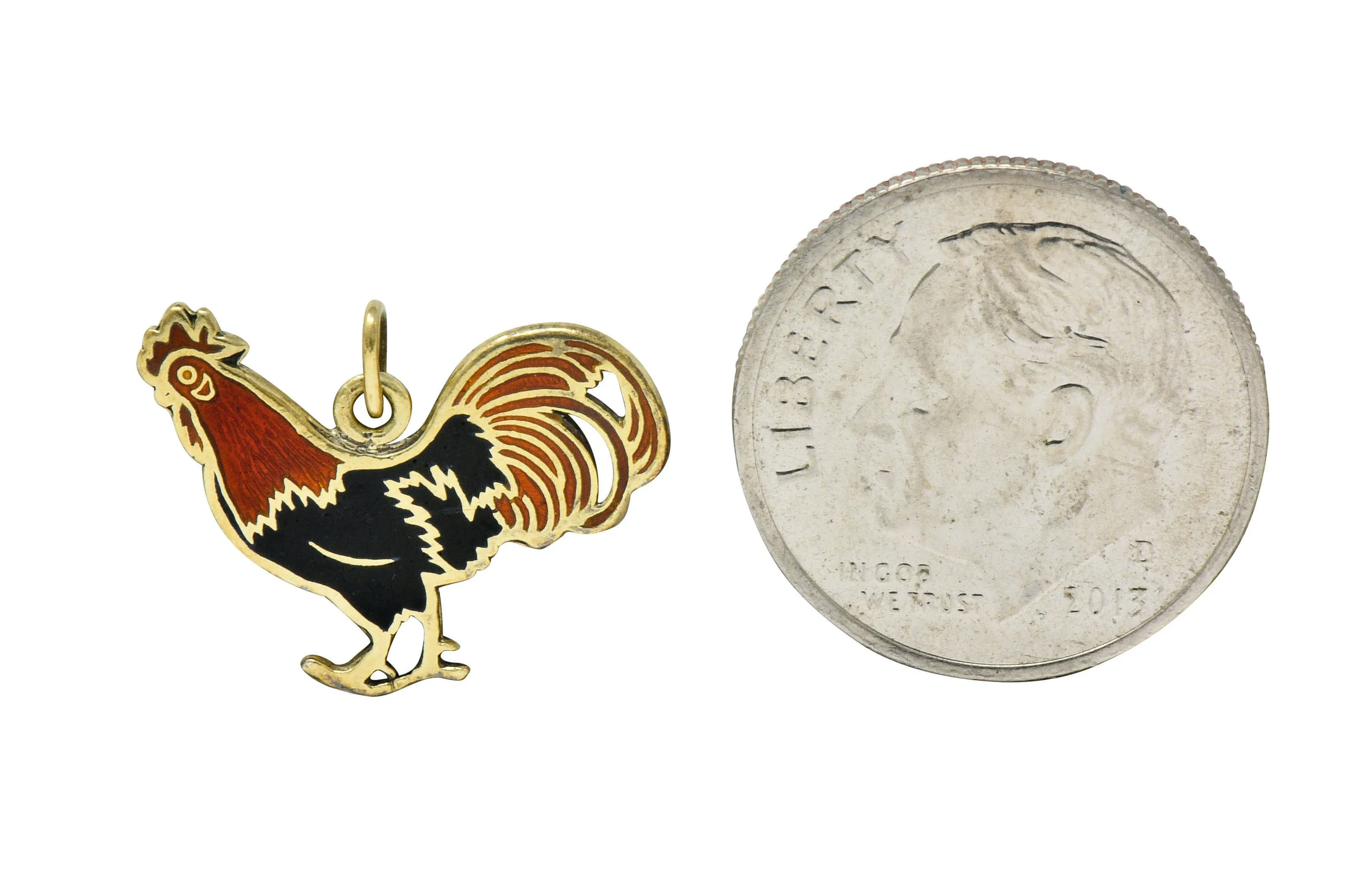 Art Deco Enamel 14 Karat Gold Rooster Charm