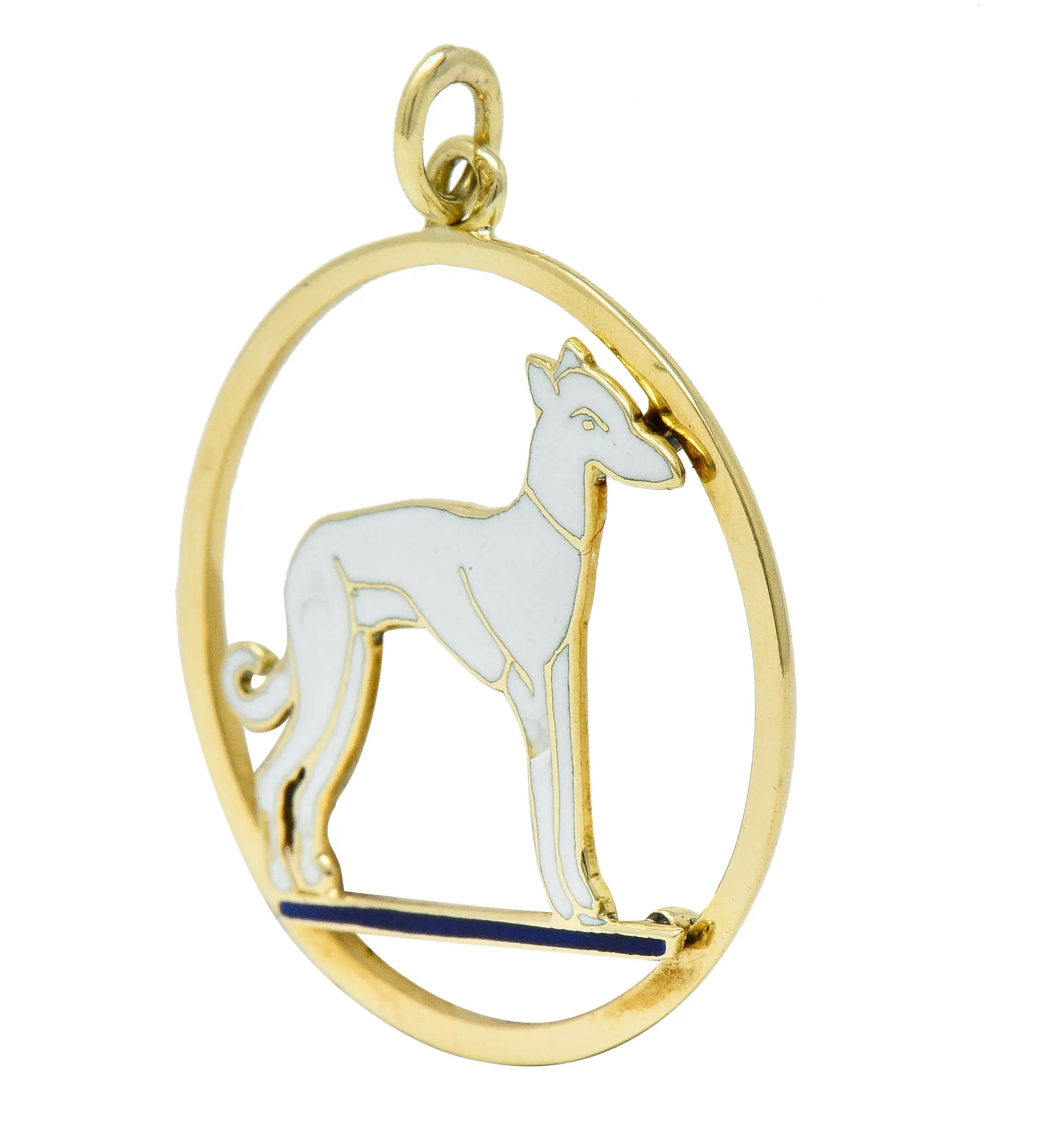 Art Deco French Enamel 18 Karat Gold Greyhound Pendant Charm