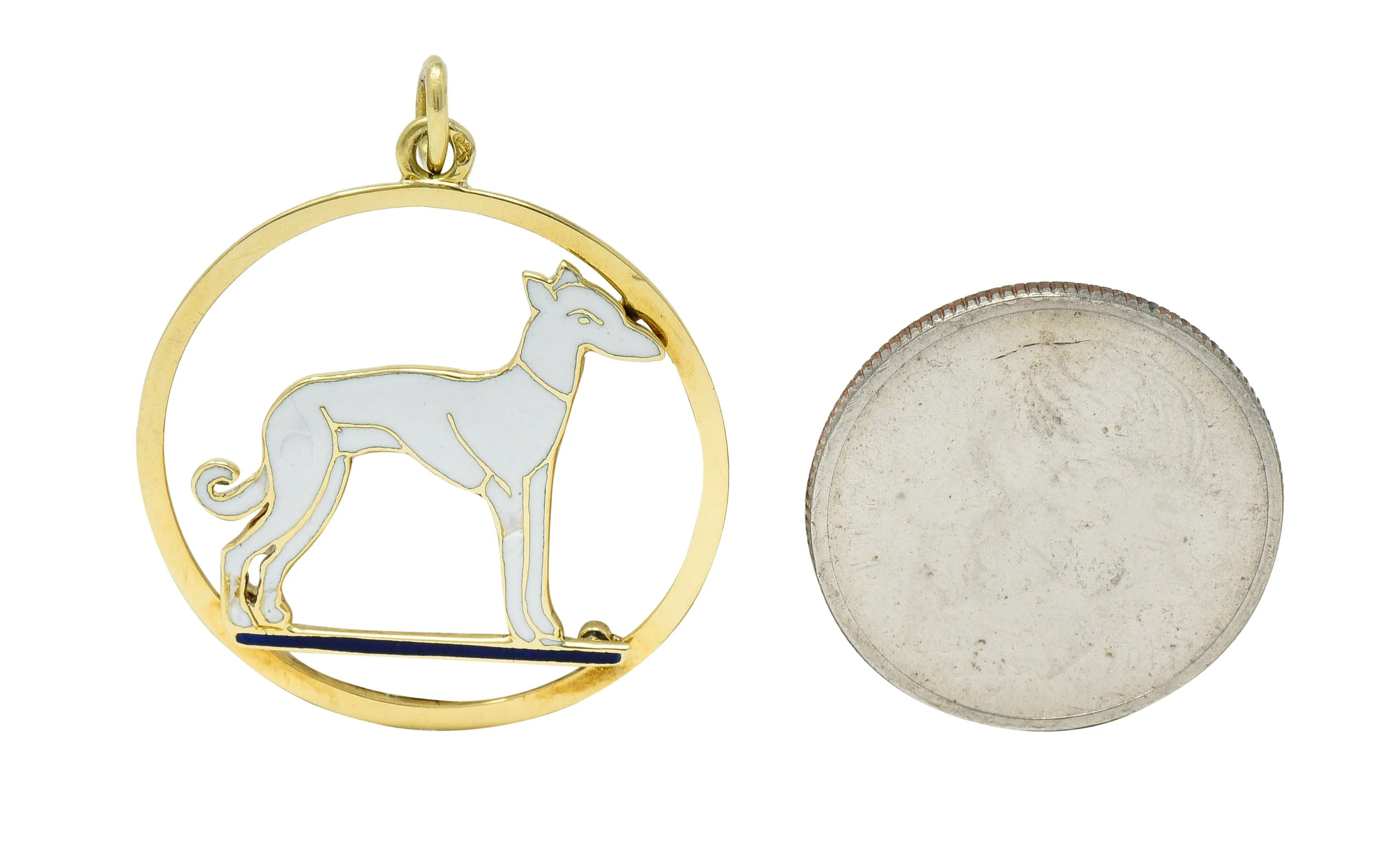 Art Deco French Enamel 18 Karat Gold Greyhound Pendant Charm