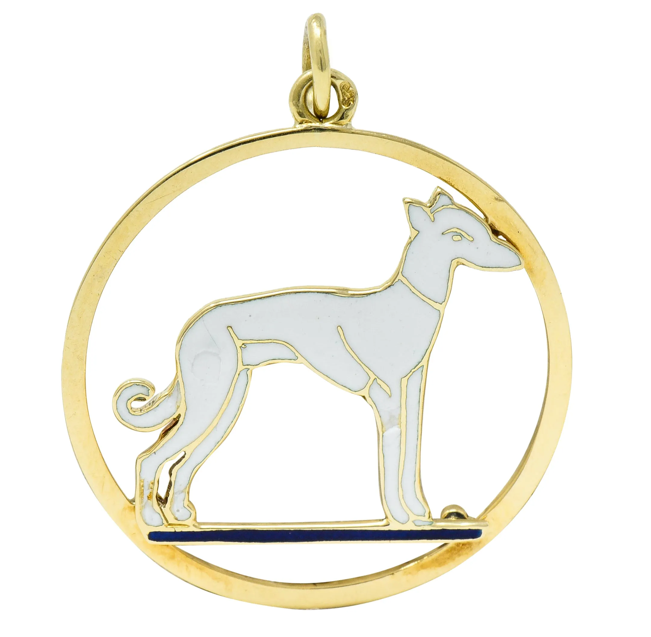 Art Deco French Enamel 18 Karat Gold Greyhound Pendant Charm