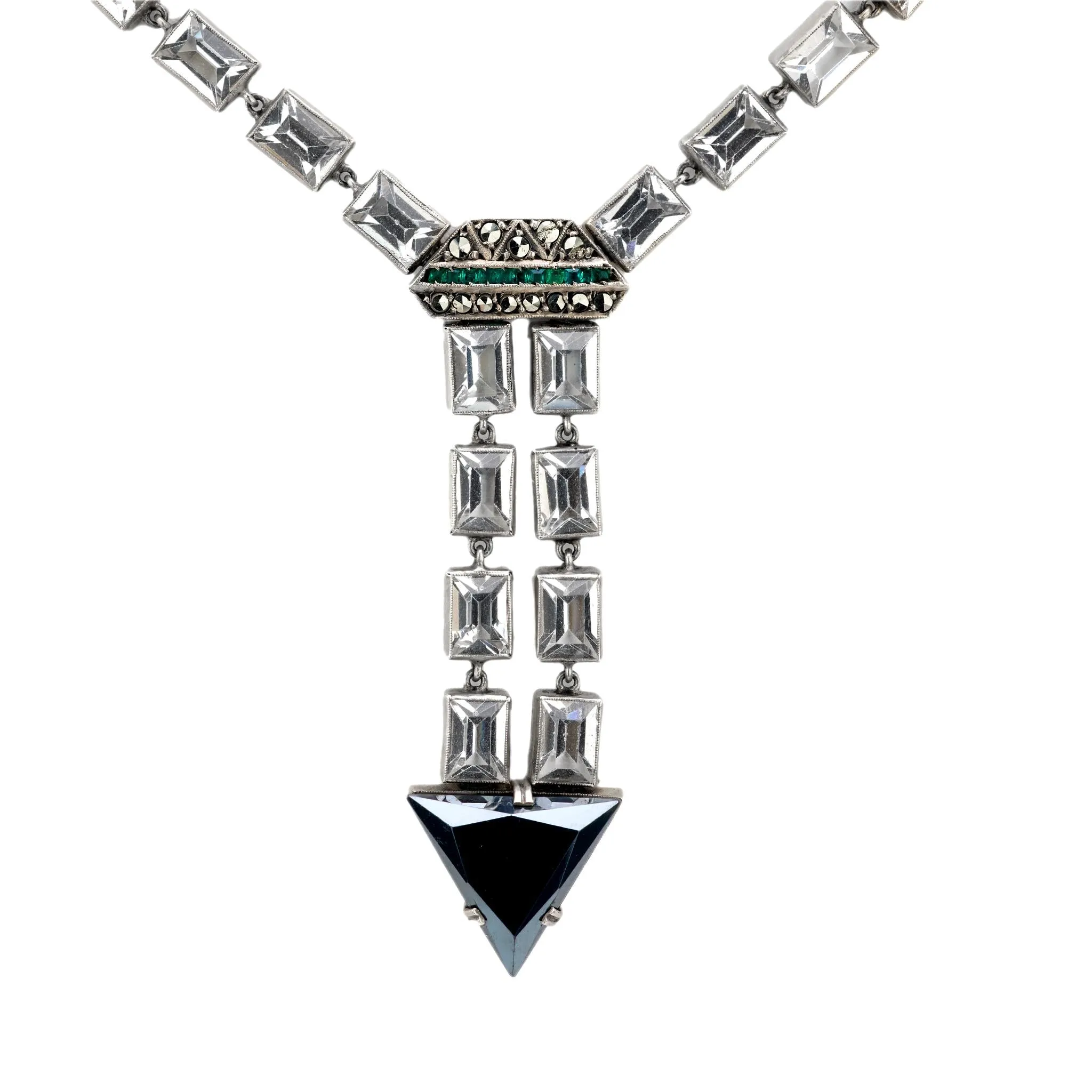 Art Deco German Sterling Silver Crystal and Marcasite Arrow Motif Necklace
