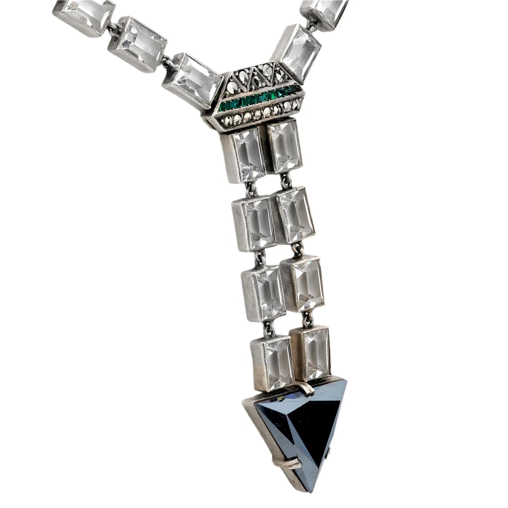 Art Deco German Sterling Silver Crystal and Marcasite Arrow Motif Necklace