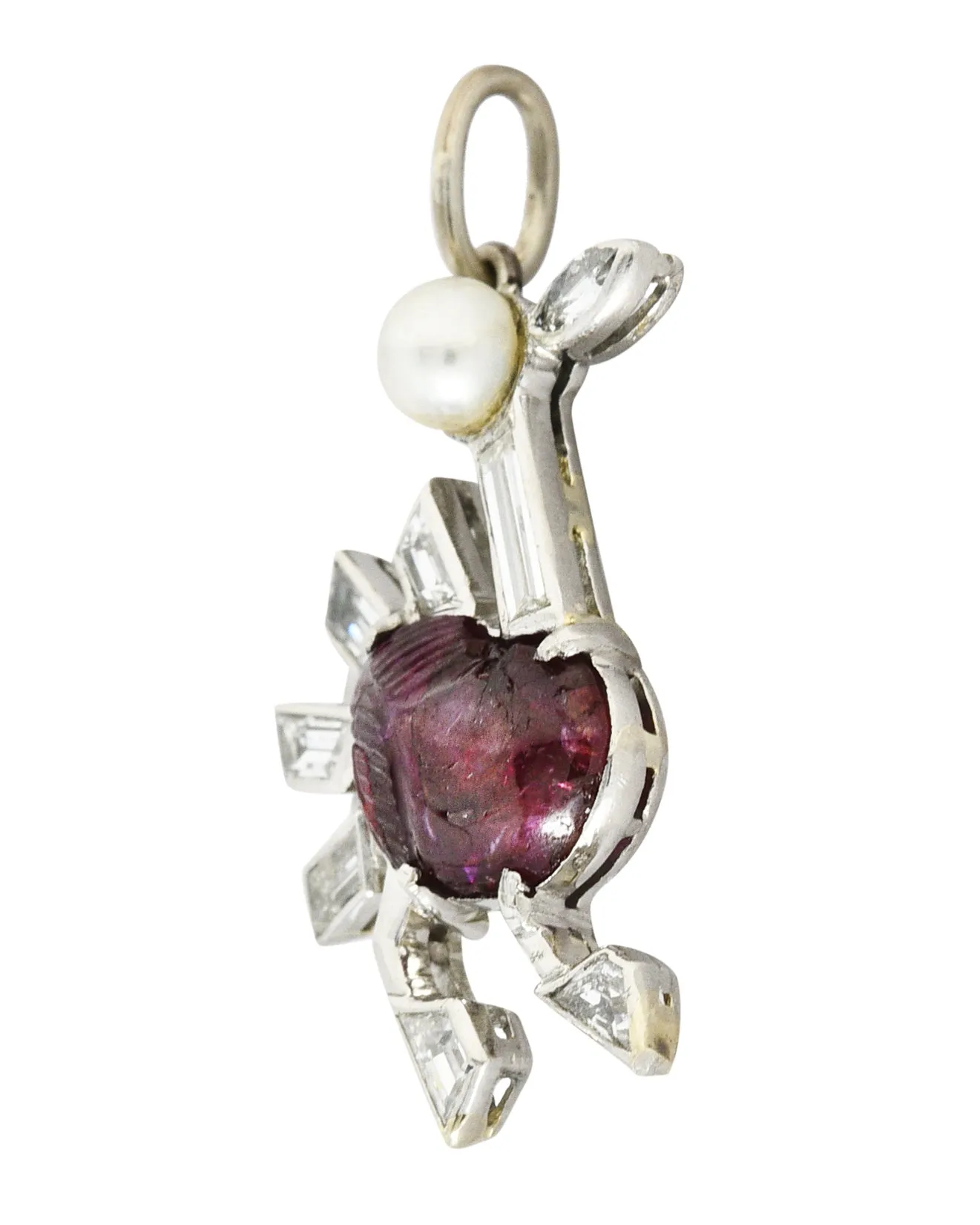 Art Deco Pearl 2.00 CTW Carved Ruby Diamond Platinum Turkey Bird Vintage Charm