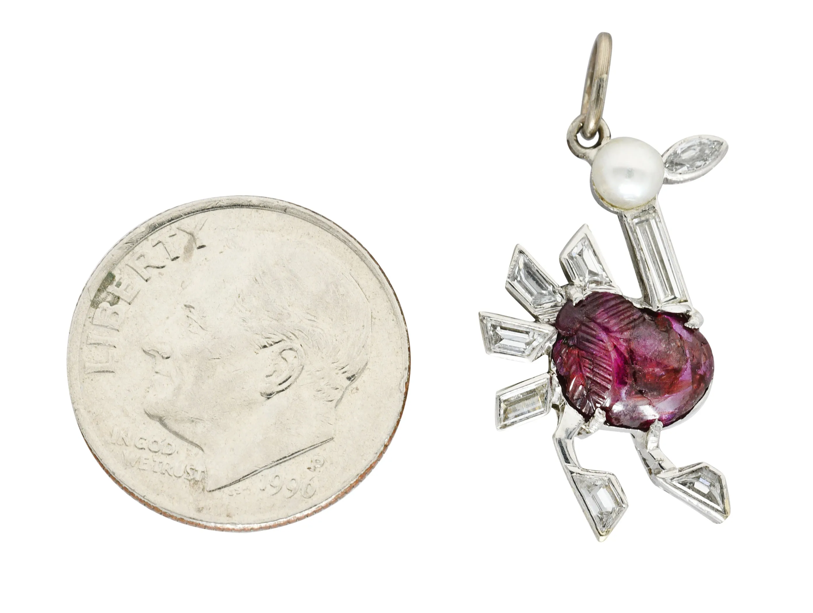 Art Deco Pearl 2.00 CTW Carved Ruby Diamond Platinum Turkey Bird Vintage Charm