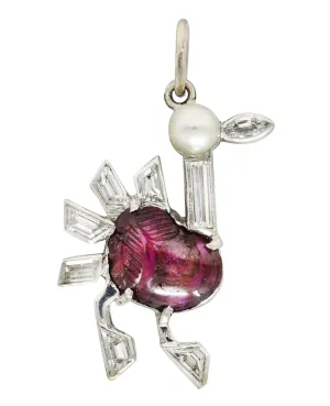 Art Deco Pearl 2.00 CTW Carved Ruby Diamond Platinum Turkey Bird Vintage Charm