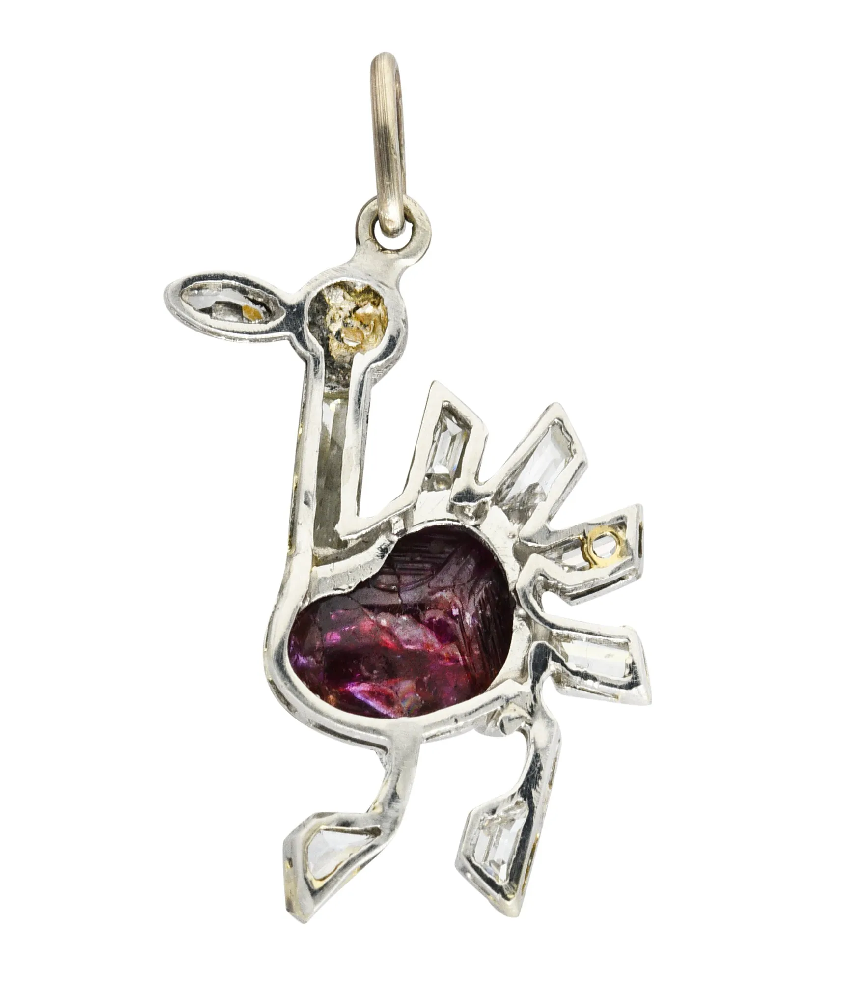 Art Deco Pearl 2.00 CTW Carved Ruby Diamond Platinum Turkey Bird Vintage Charm