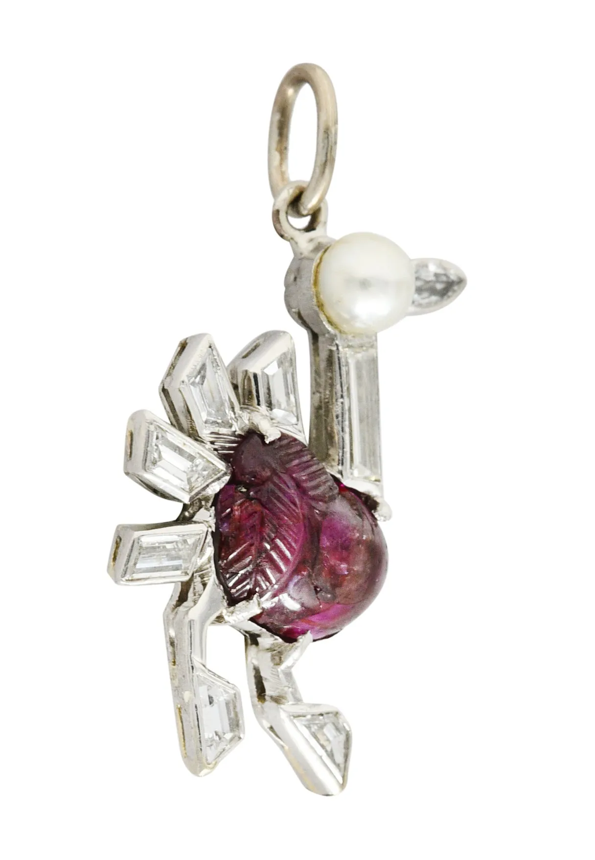 Art Deco Pearl 2.00 CTW Carved Ruby Diamond Platinum Turkey Bird Vintage Charm