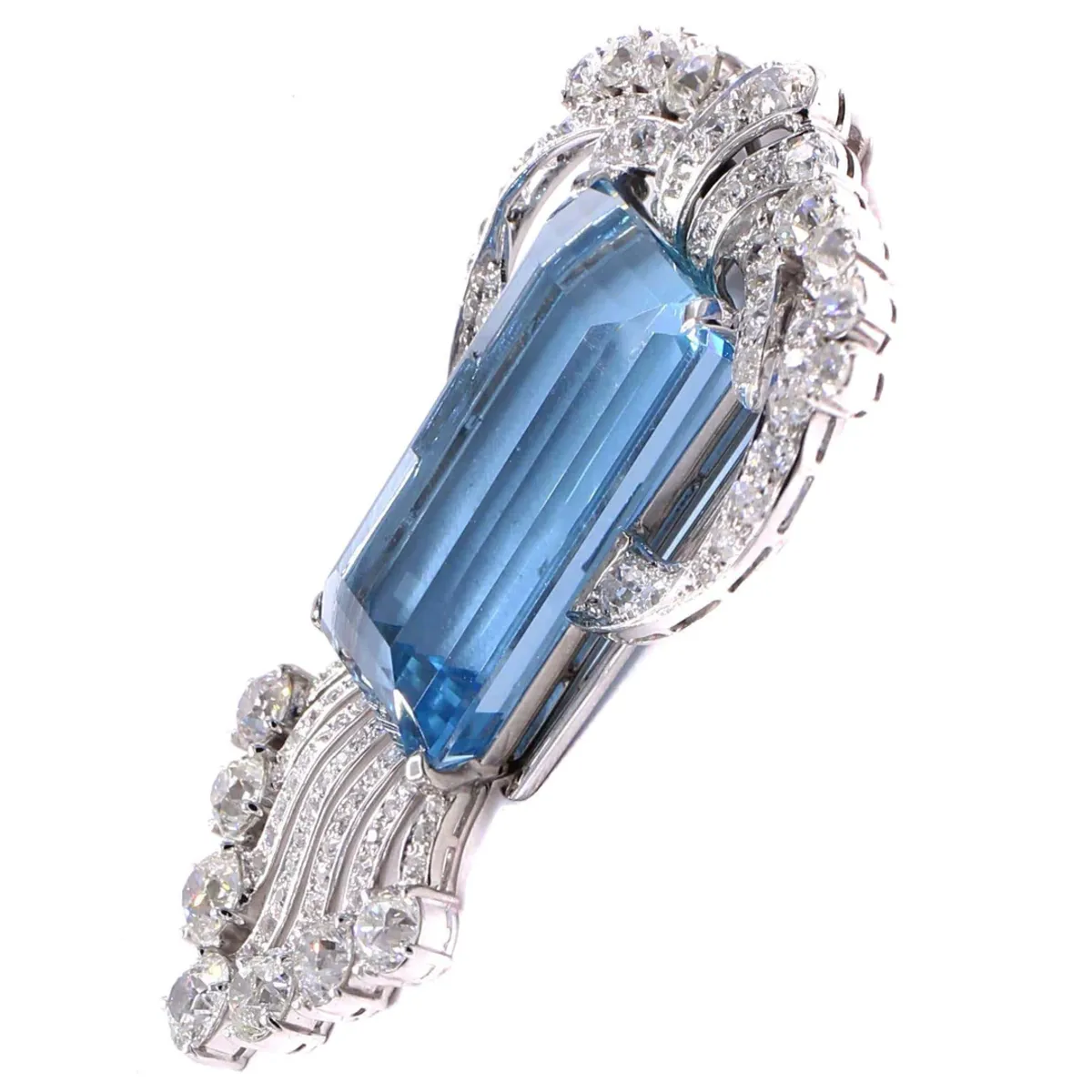 Art Deco Platinum Aquamarine Brooch Necklace
