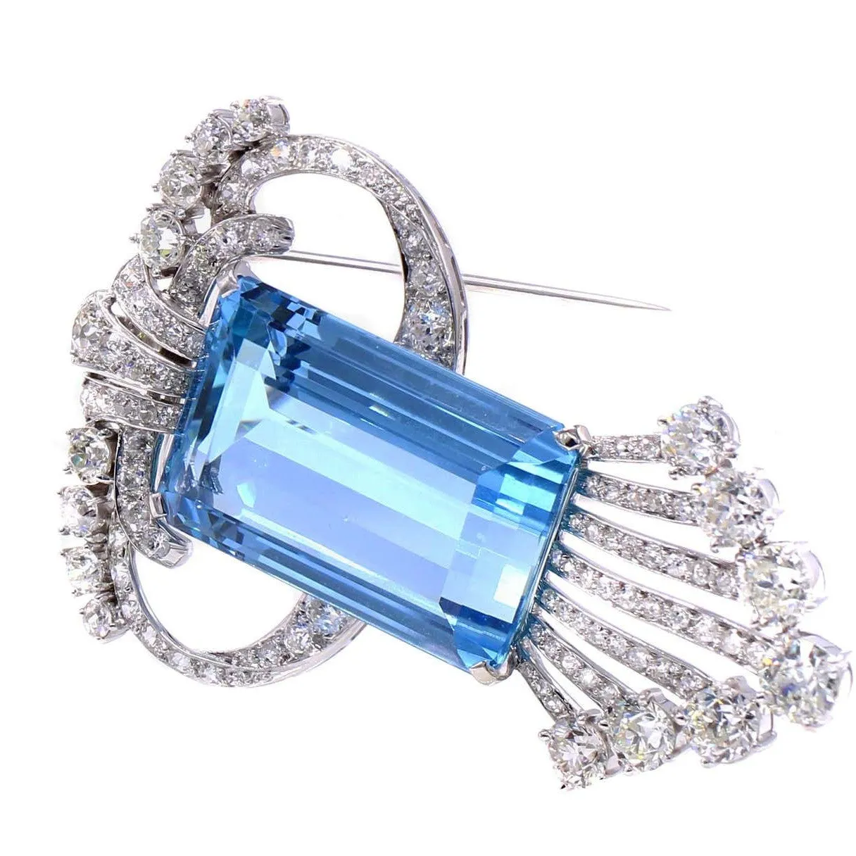Art Deco Platinum Aquamarine Brooch Necklace