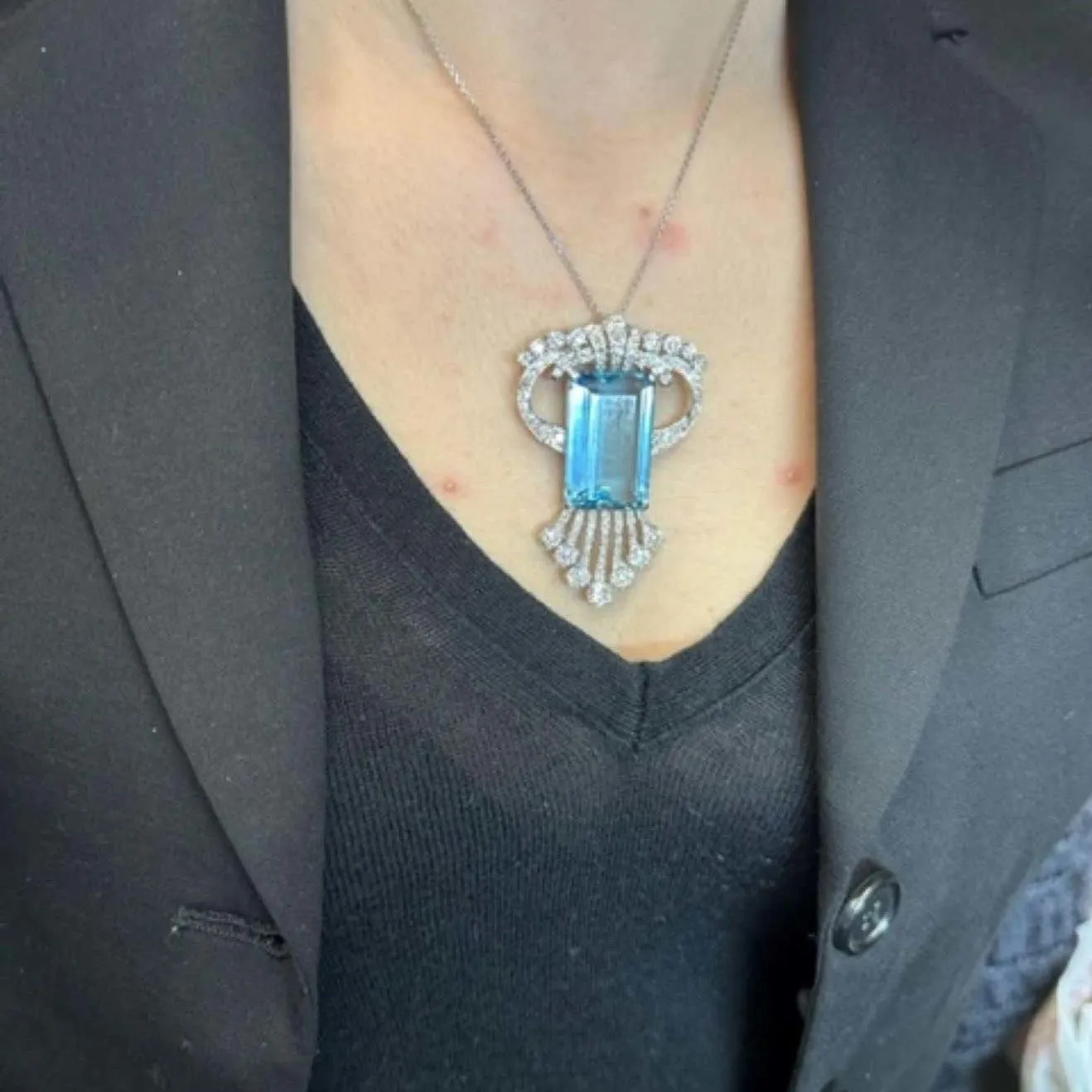 Art Deco Platinum Aquamarine Brooch Necklace