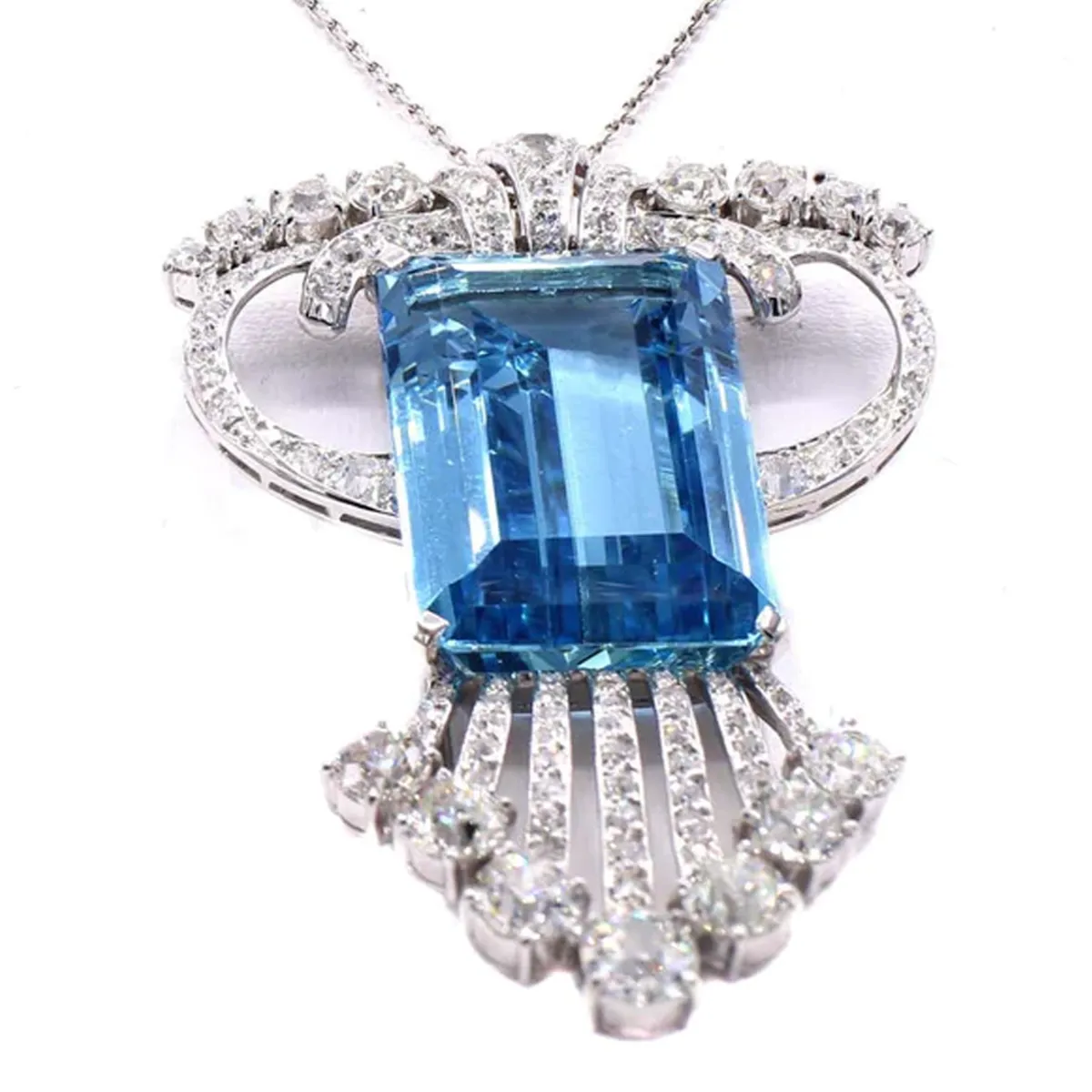 Art Deco Platinum Aquamarine Brooch Necklace