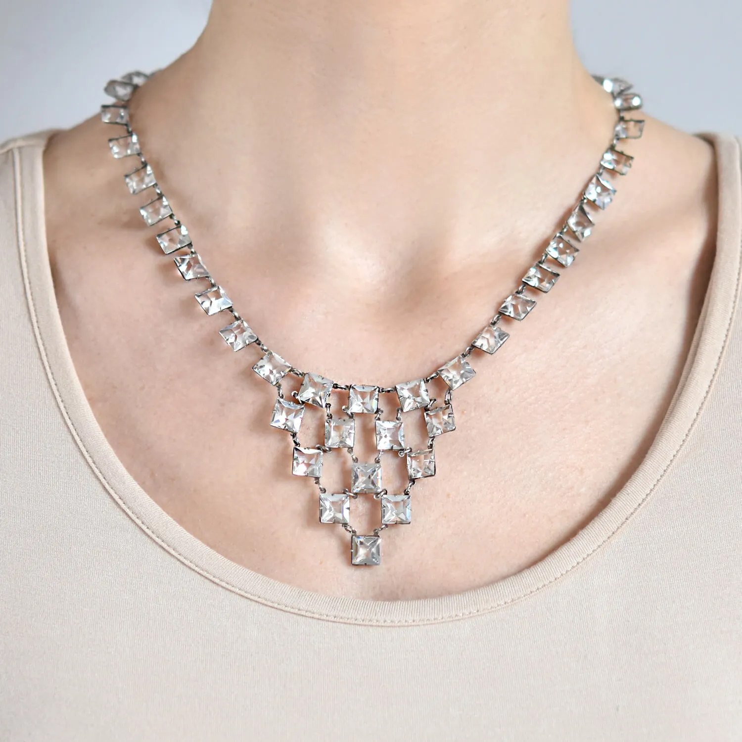 Art Deco Sterling Silver Square Cut Crystal Festoon Necklace
