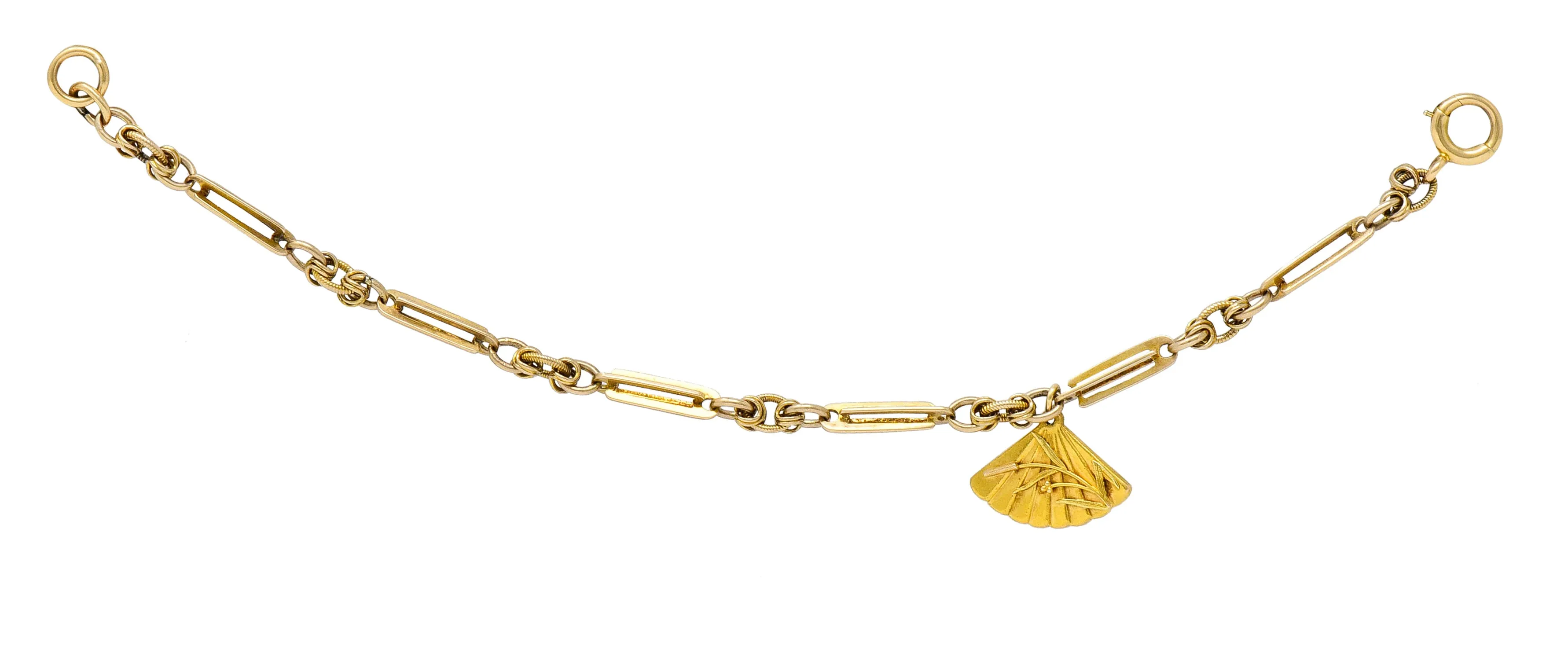 Art Nouveau 14 Karat Tri-Color Gold Cattail Fan Charm Bracelet