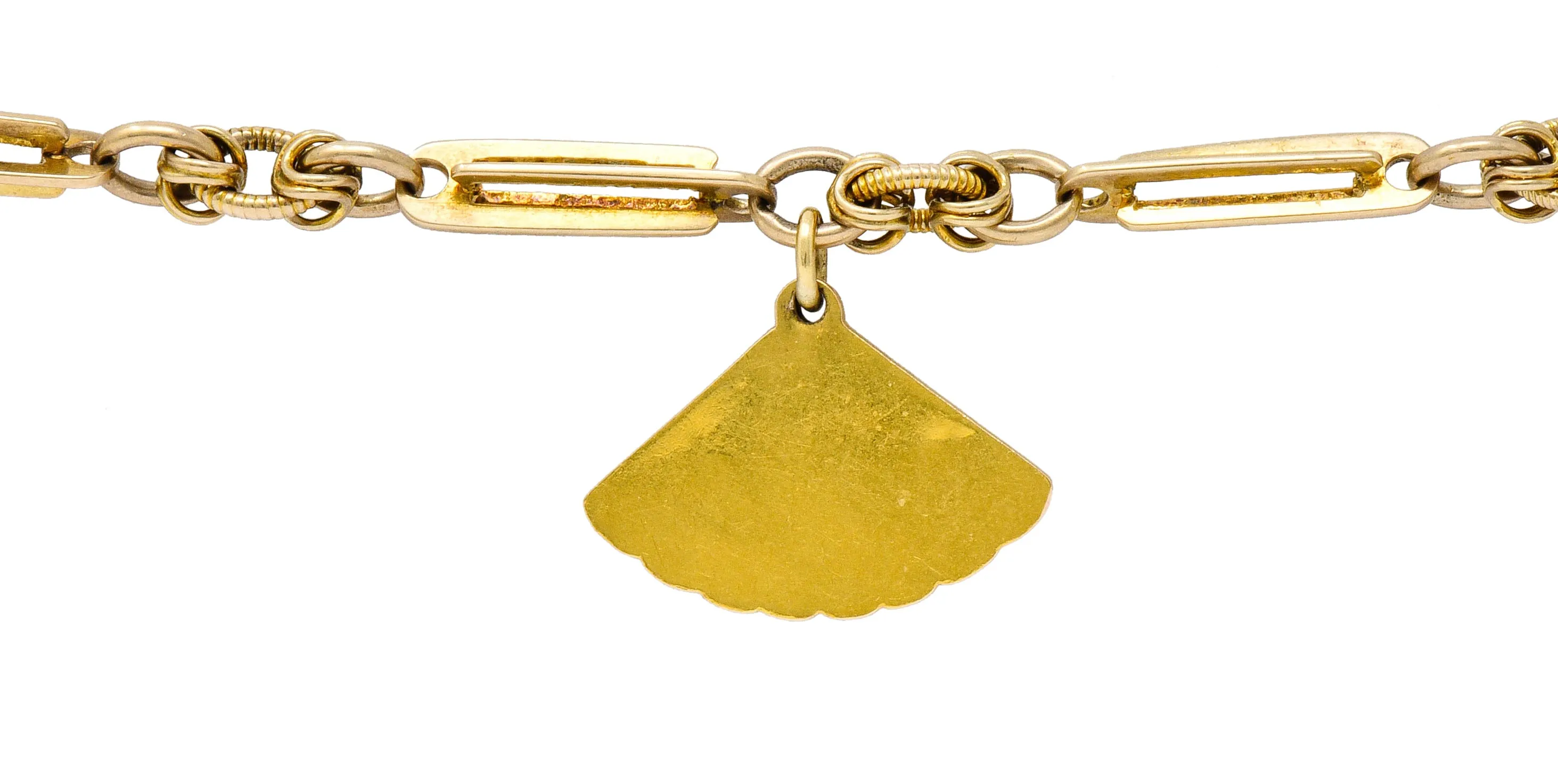 Art Nouveau 14 Karat Tri-Color Gold Cattail Fan Charm Bracelet