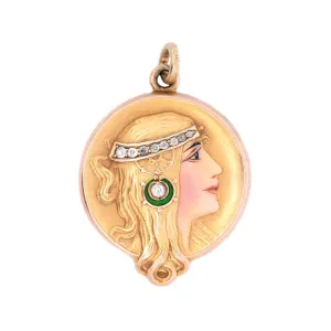 Art Nouveau 14k Diamond and Enamel Lady Locket Pendant