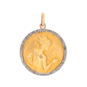 Art Nouveau 18k/Platinum Diamond Repousse Goddess Locket