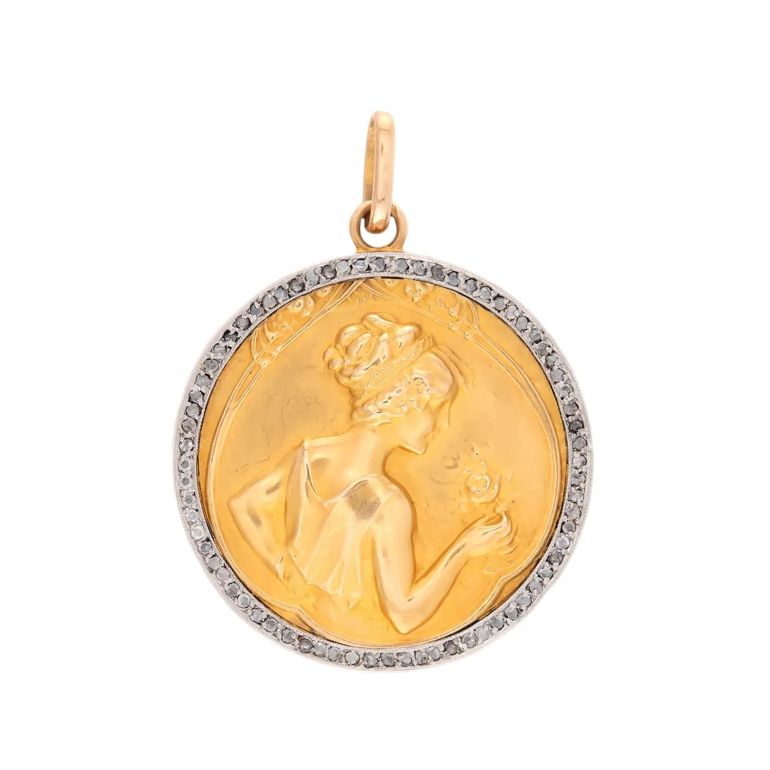 Art Nouveau 18k/Platinum Diamond Repousse Goddess Locket