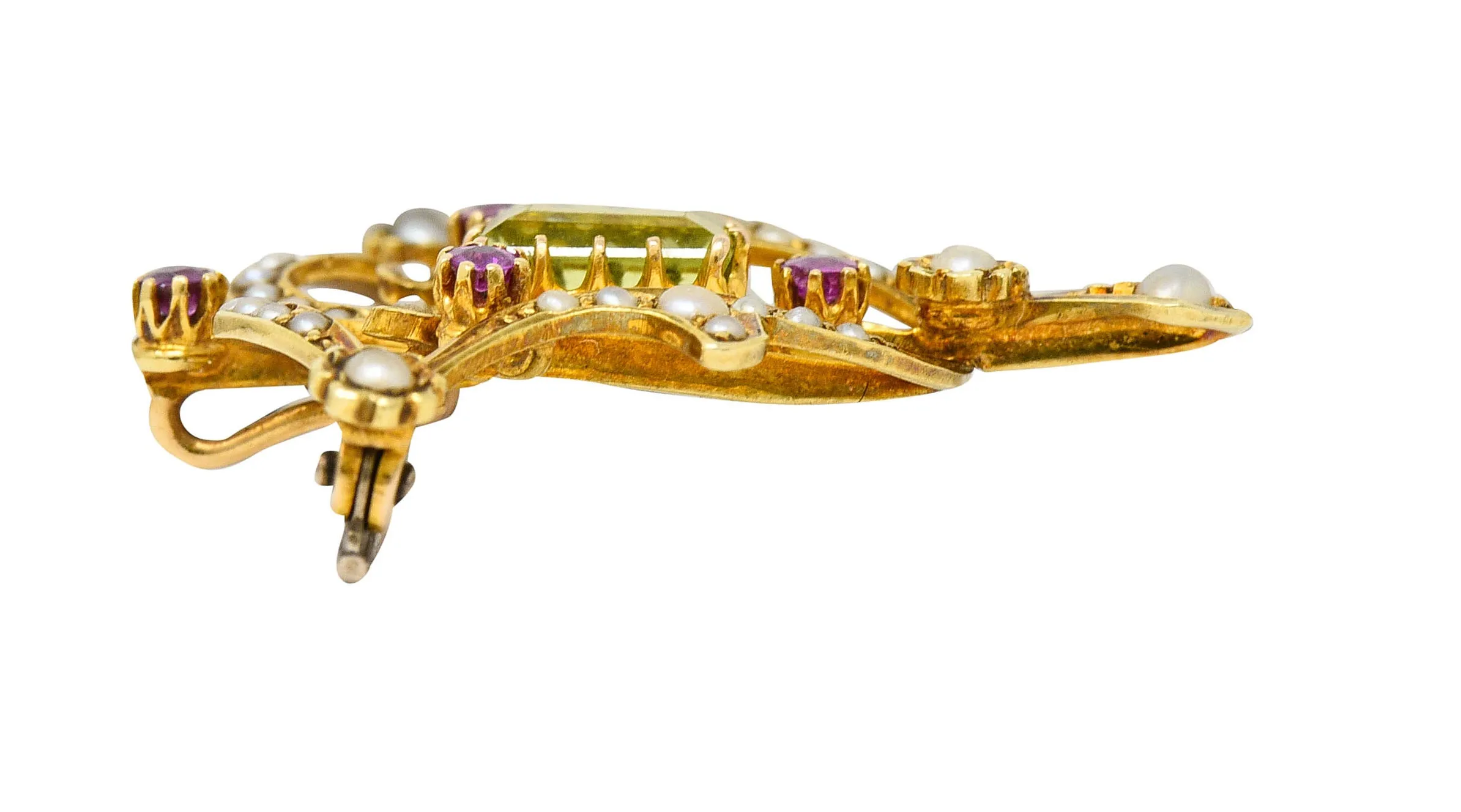 Art Nouveau 2.95 CTW Peridot Ruby Freshwater Natural Pearl 15 Karat Gold Pendant Brooch