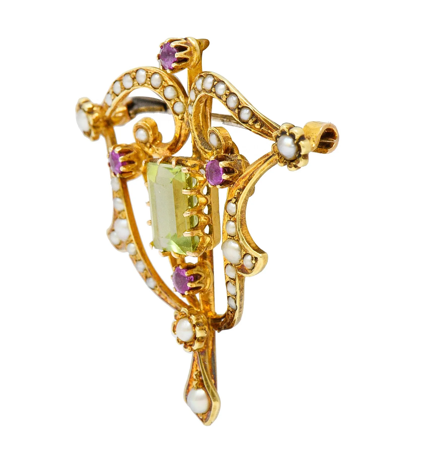 Art Nouveau 2.95 CTW Peridot Ruby Freshwater Natural Pearl 15 Karat Gold Pendant Brooch