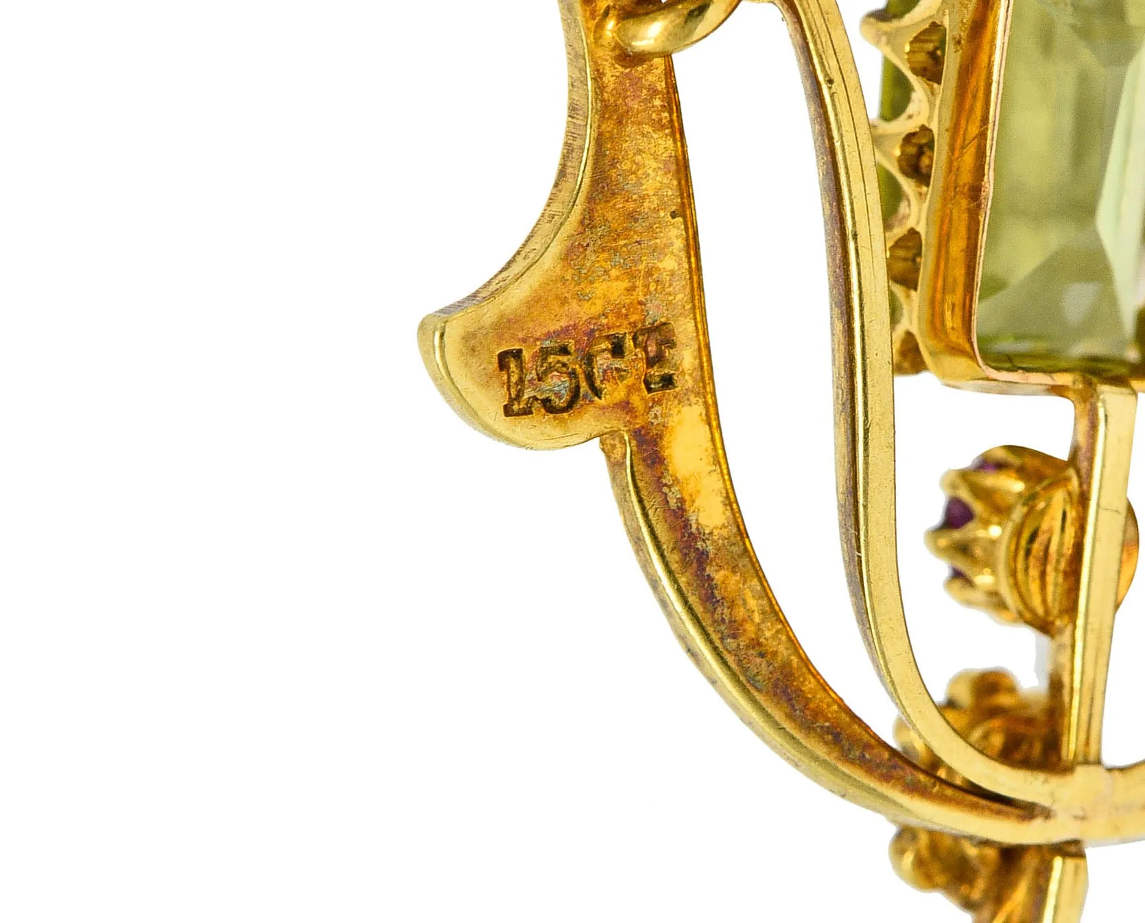Art Nouveau 2.95 CTW Peridot Ruby Freshwater Natural Pearl 15 Karat Gold Pendant Brooch