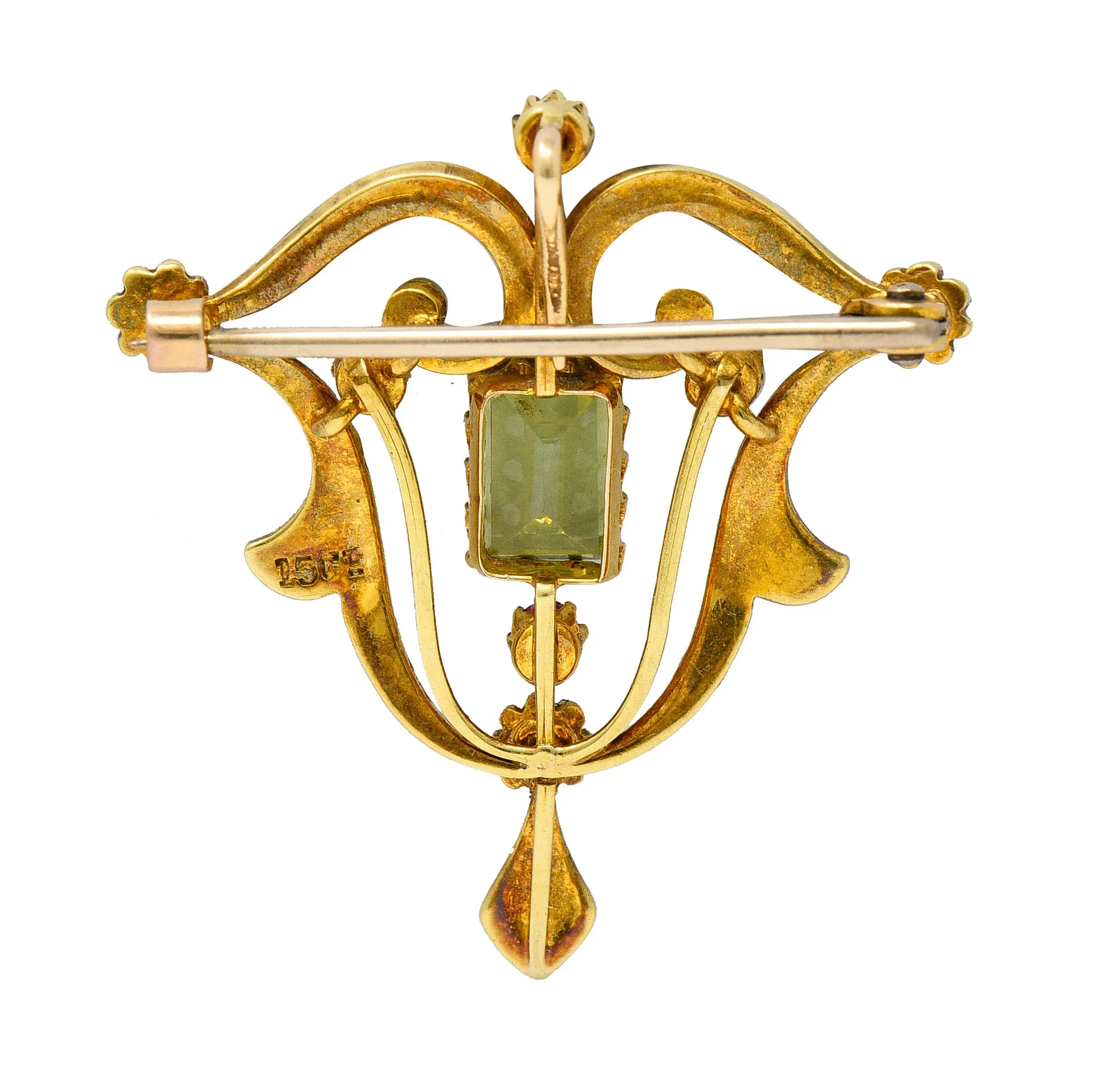 Art Nouveau 2.95 CTW Peridot Ruby Freshwater Natural Pearl 15 Karat Gold Pendant Brooch