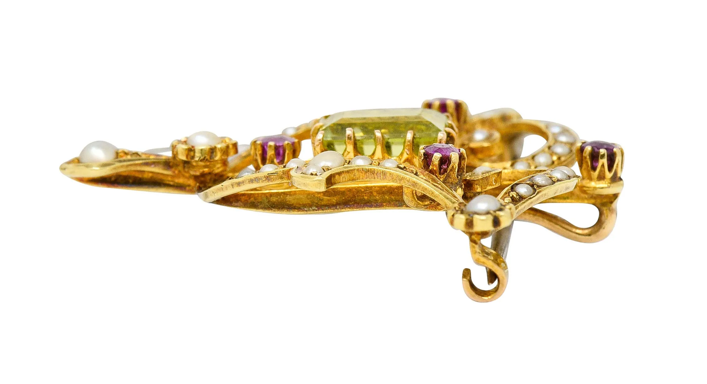 Art Nouveau 2.95 CTW Peridot Ruby Freshwater Natural Pearl 15 Karat Gold Pendant Brooch