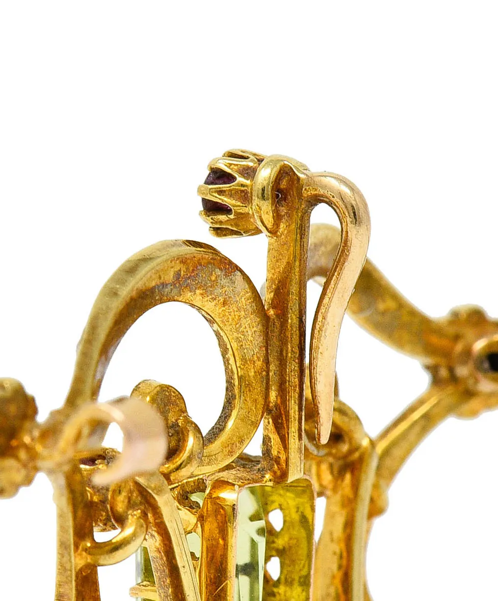 Art Nouveau 2.95 CTW Peridot Ruby Freshwater Natural Pearl 15 Karat Gold Pendant Brooch
