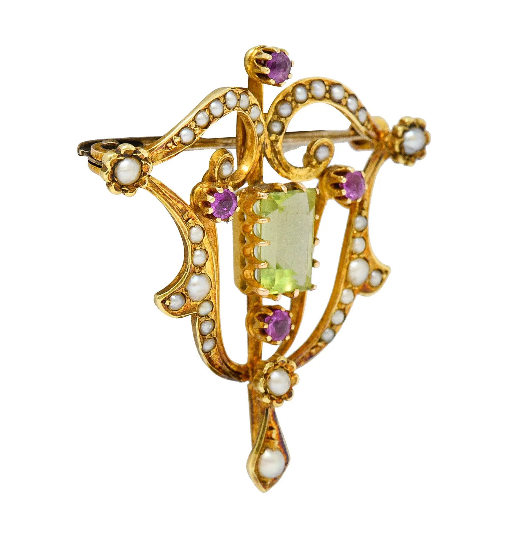 Art Nouveau 2.95 CTW Peridot Ruby Freshwater Natural Pearl 15 Karat Gold Pendant Brooch
