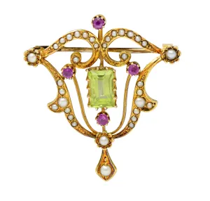 Art Nouveau 2.95 CTW Peridot Ruby Freshwater Natural Pearl 15 Karat Gold Pendant Brooch