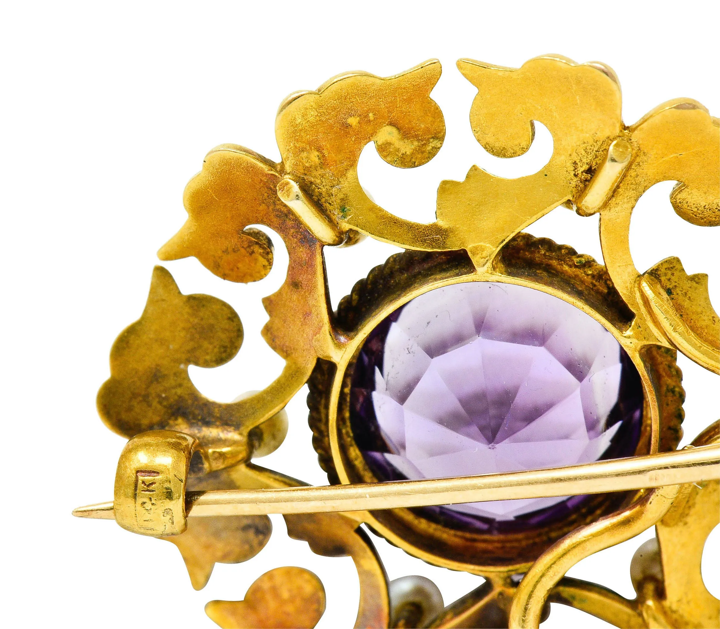 Art Nouveau Amethyst Pearl 14 Karat Gold Watch Pin Brooch