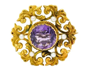 Art Nouveau Amethyst Pearl 14 Karat Gold Watch Pin Brooch