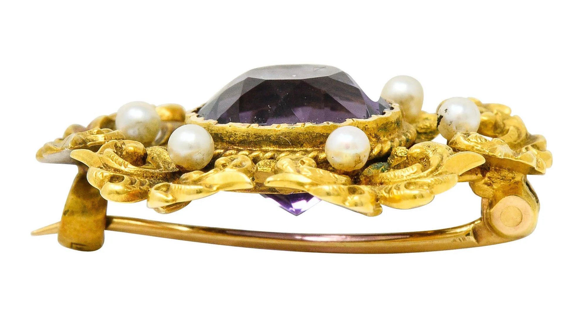 Art Nouveau Amethyst Pearl 14 Karat Gold Watch Pin Brooch