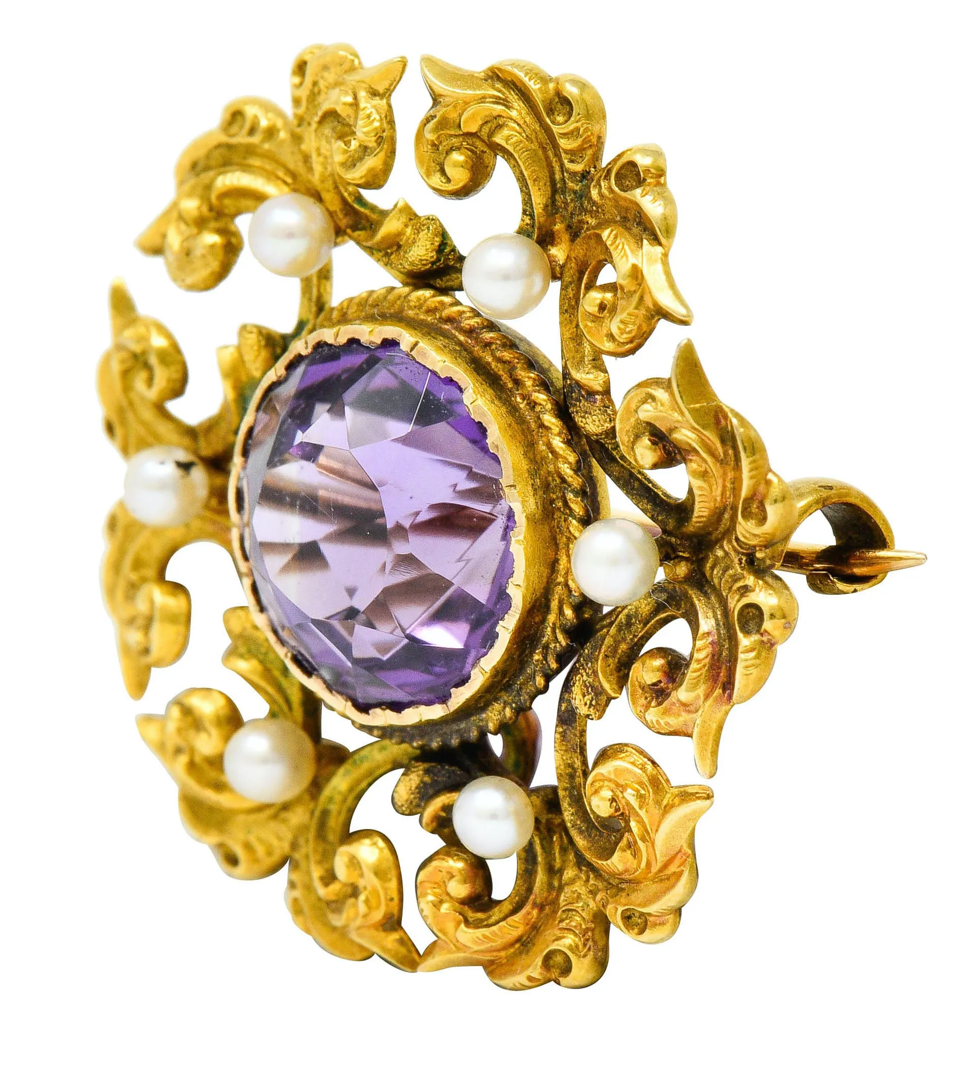 Art Nouveau Amethyst Pearl 14 Karat Gold Watch Pin Brooch