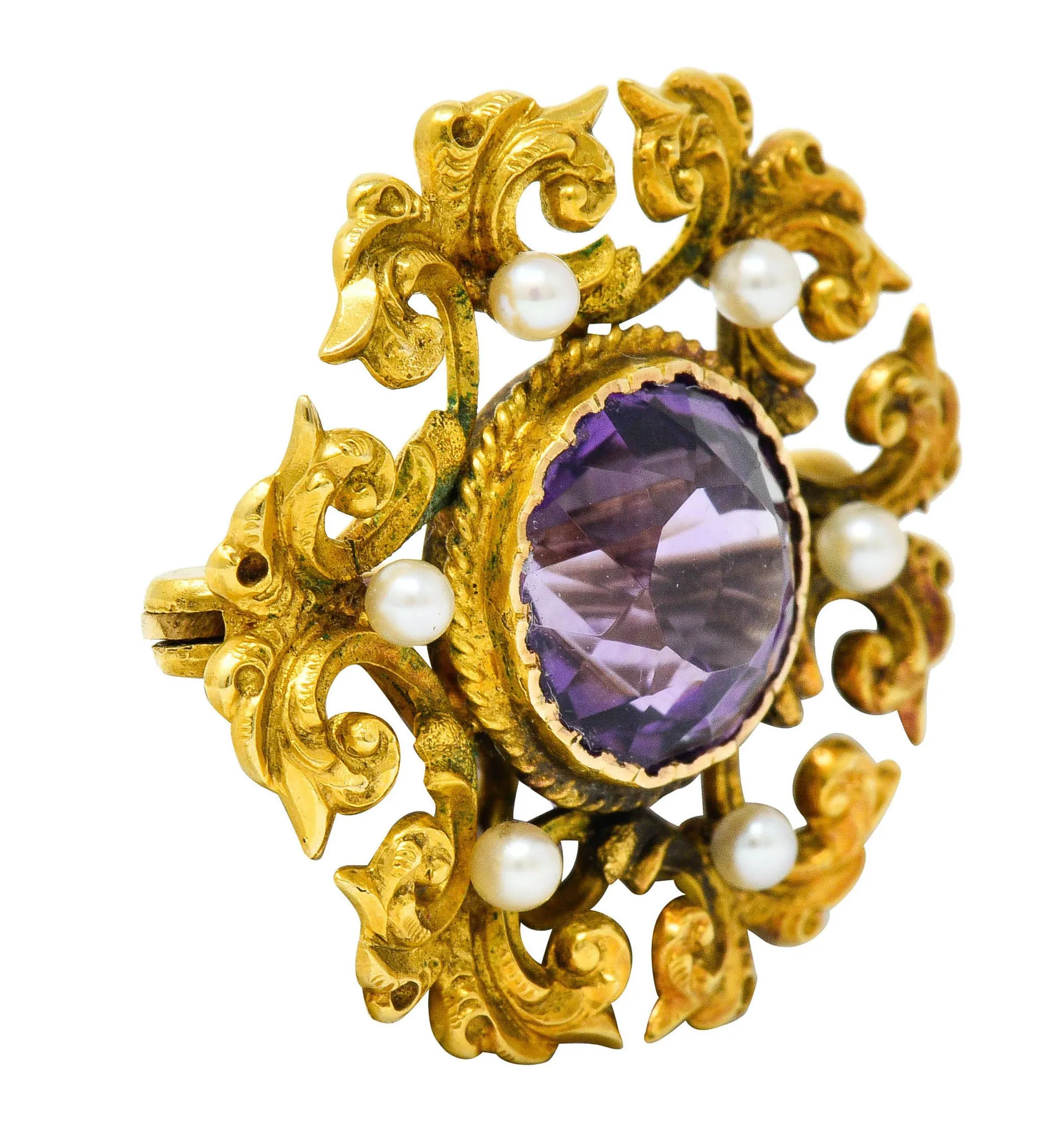 Art Nouveau Amethyst Pearl 14 Karat Gold Watch Pin Brooch