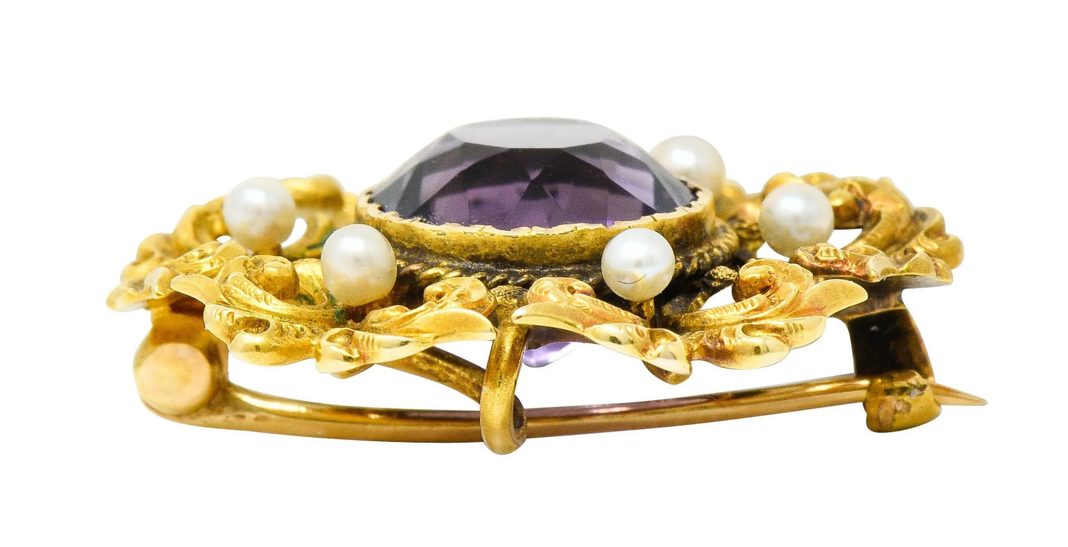 Art Nouveau Amethyst Pearl 14 Karat Gold Watch Pin Brooch