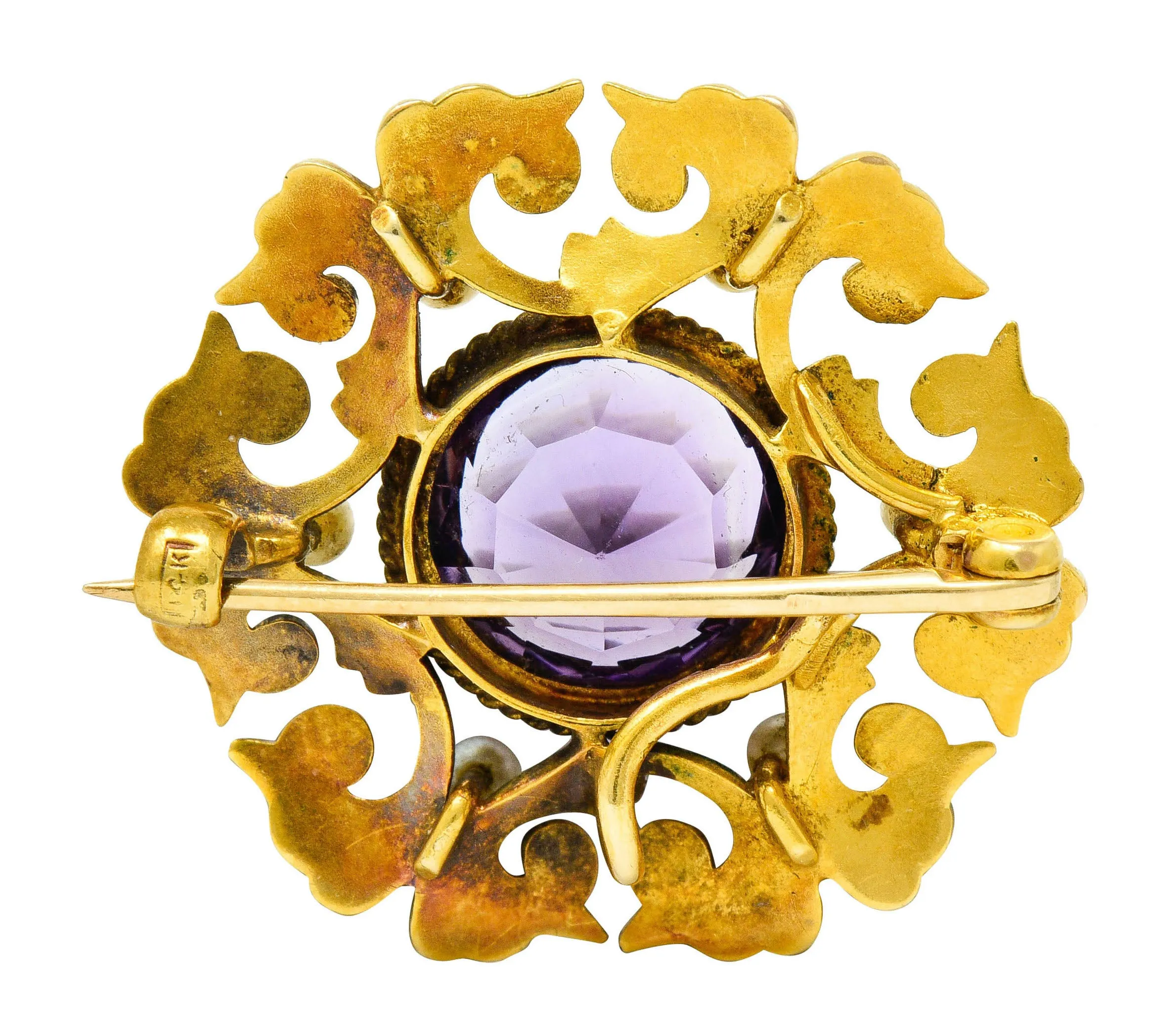 Art Nouveau Amethyst Pearl 14 Karat Gold Watch Pin Brooch