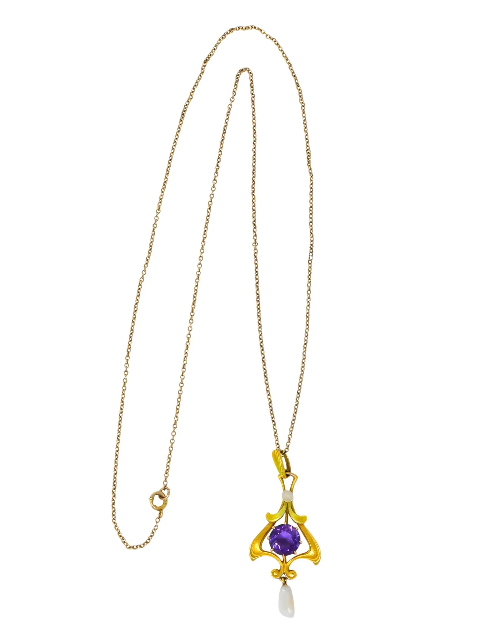 Art Nouveau Amethyst Pearl Enamel 14 Karat Gold Pendant Necklace