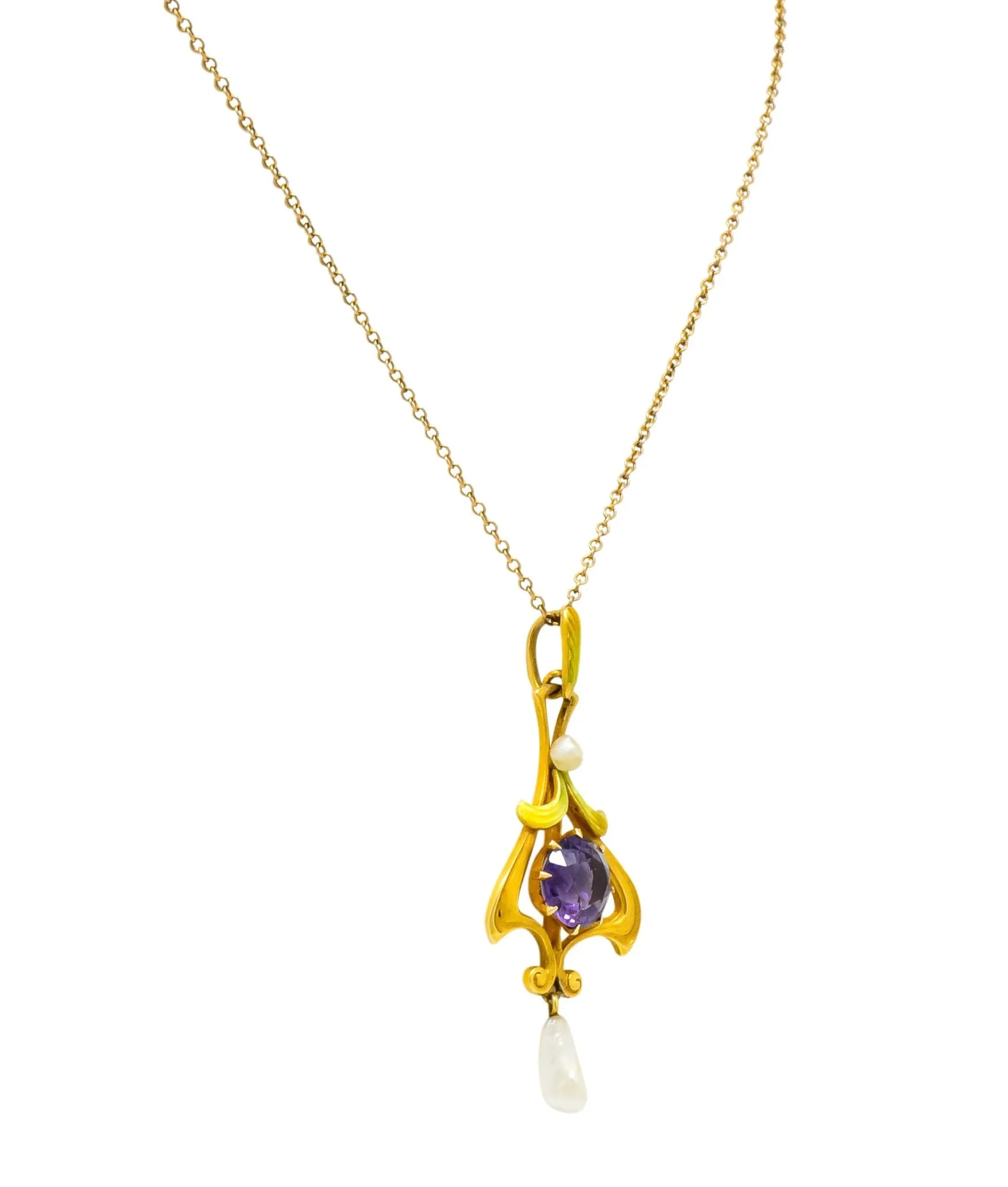 Art Nouveau Amethyst Pearl Enamel 14 Karat Gold Pendant Necklace
