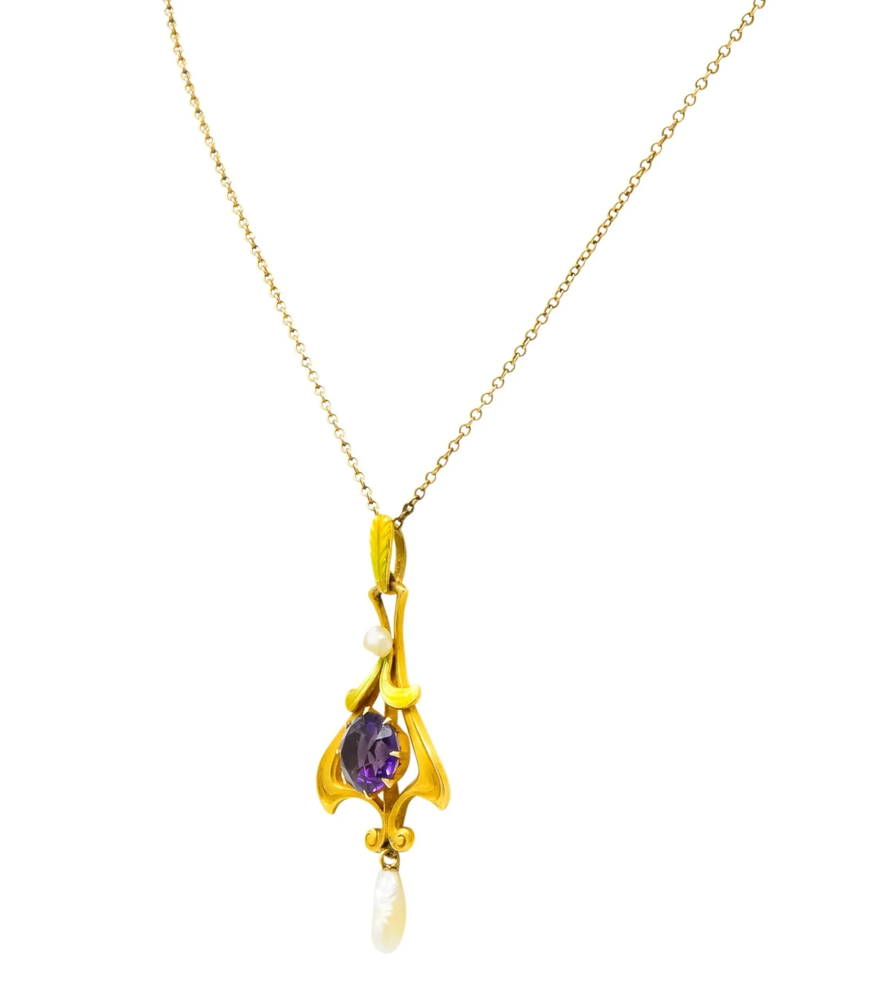 Art Nouveau Amethyst Pearl Enamel 14 Karat Gold Pendant Necklace