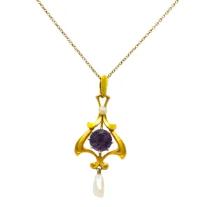 Art Nouveau Amethyst Pearl Enamel 14 Karat Gold Pendant Necklace